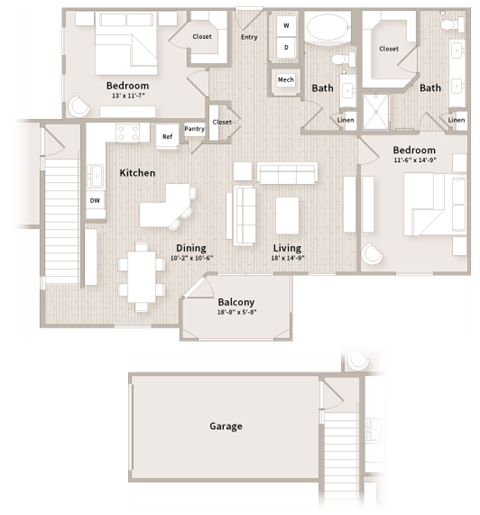 B4 floorplan which is a 2 bedroom, 2 bath apartment at The Parkway on Westlake, Humble, 77346